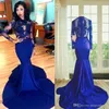 Langarmes Spitzen -Prom -Kleid Mermaid Style High Neck Seethrough Lace Applices Sexy Royal Blue African Party Abendkleider 20188335647