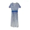 Party Dresses High Quality 2024 Summer V-neck Short Sleeve Dress Elegant Colorblock Stripes A-line Knee-length All-match Waist