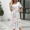 Casual Dresses Women Summer Elegant Fashion Flower Printed Round Neck Kort ärmklänning med fickor Daglig vanlig all-match