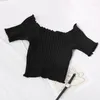 Frauen Tanks Perle Tagebuch Frauen Sommerernte Tops Stricken Rippen Schlanker Fit Salat Kante süße gestrickte T -Shirts Kurzschleife Rüschen Saum Girl Top