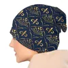 Bergen elegantes Muster Gold und tiefblau Fleur de lis Herbst weibliche dünne Beanies im Freien Unisex Schädel