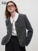 FSLE Office Lady French Style Aragrance Jacket Женская осенняя зимняя шерстяная твидовая куртка для женщин серые повседневные пальто 240424