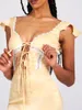 Casual Dresses Women's Knee Length Dress Slim Short Flying Sleeve Sweetheart Neck Lace Trim Tie Up Backless Zip For Party Club