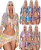 Dames sexy mesh jurk geprinte wijd uitlopende lange mouwen bodycon mini rokken 2 tweedelig outfits set mode streetwear nachtclub clde2069276