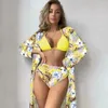 Swimwear Women 3 Pack Pack Floral Print Triangle Bikini Set Swimsuit Femmes Cover Up Summer Beach Bathing Fissure High Waited Bikinis Kimono