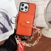 Originla Material Lederen Silk Pols Band Chain 4 Pocket Card Phone Case voor iPhone 15 15Promax 14Pro 14 13Promax 13 12 Designer Luxe Filp Wallet Shockproof Case