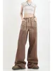 Kadınlar Kot pantolonlar High Street Brown Vintage Yıkanmış Bel Geniş Bacak Pantolon Kendi Yetiştirme Kırınmış Baggy denim pantolon bayanlar kış