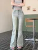 Kadınlar kot pantolon açık mavi cep işlemeli parlama kadın yaz yüksek bel Korean moda ince streç vintage denim pantolon
