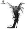 Sandales de plumes noires sexy pour femmes autrrich décor de cheveux minces talons hauts chaussures dames dames sandales de fourrure zapatos de mujer s2009668338