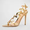 Kleiderschuhe 2024 Original Design Damen Luxuspumpen Sommer Gold Speoded Toe Metallic Branch Stiletto Heels Sandalen für Frauen