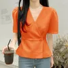 Blouses pour femmes Vonda Fashion Femmes Shirts 2024 Été Sexy V-Neck Couleur solide Couleur courte à manches courtes Tops Tops décontractés Blusas à volants lâches