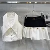 ワークドレスは夏のノースリーブラインストーンボタンターンダウンカラーコントラストカラー短いプリーツスカート2ピースセット衣装GR057