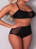 Swimwear's Swimwear Mesh Patchwork Black Swimsuit 2 pezzi Donneau Bandeau Bikini set di abiti da bagno femminile selvatico alto 2024