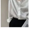 Kadın bluzları Qweek Beyaz Saten Uzun Kollu Gömlek Kadın Ofis Bayanlar Vintage Zarif Zarif
