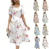 Casual Dresses Women Summer Elegant Fashion Flower Printed Round Neck Kort ärmklänning med fickor Daglig vanlig all-match