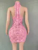 Stage Wear Sparkly Pink Rhinestones Short Dress For Women Sexy Sleeveless Mesh Transparent Evening Prom Birthday Singer