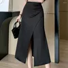 Юбки Seoulish Mid для женщин лето 2024 г. китайский стиль атласная юбка для рыбного хвоста плиссированная ретро -офисная леди повседневная женщина