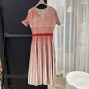 Party Dresses High Quality 2024 Summer V-neck Short Sleeve Dress Elegant Colorblock Stripes A-line Knee-length All-match Waist