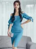 Party Dresses Korean OL Elegant Midi Dress For Women Black Blue Slip Lace Up Bow Slit Skinny Robe Femme Office Lady Street Vestido Mujer