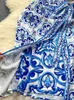 Jaemrary Summer Holiday Print Robe Femme Blue blanc Porcelaine Floral Robe Bandage à manches courtes Lace Up Wrap Midi Vestidos Tissu 240429