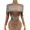 Bühnenbekleidung Silber Strasssteine Mesh transparentes langes Kleid für Sängermodell Catwalk Kostüm Geburtstag Feiern Sie das Show -Performance -Outfit