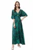 Women's Runway Dresses V Neck Batwing Sleeves Printed Sexy Keyhole Floral Fashion Maxi Vestidos