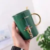 Mugs Ceramic Green Glaze Cartoon Animal Pattern Coffee Mug With Lid And Spoon Large Capacity Drinkware Creative Office Tea Milk Cup