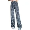 Women's Pants Women Tie-dye Print Wide Leg Trousers For High Waist Elastic Streetwear Ice Silk Long