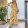 Frauen floraler Hossportrand Frühling Sommerweite Hose gegen Nacken Spaghetti -Riemen Loose Fashion Bohemia Strompers Kleidung 240423