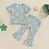 Kledingsets Focusnorm 0-4Y Little Girls Summer Deskleding 2pcs korte mouw bloemenprint geribbelde t shirts wijd uitlopende broek