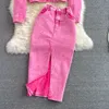 Automne Women Pink Denim sets revers à manches longues à manches longues à manches courtes à taille haute