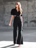 Women's Jeans V Neck Cross Strap Puff Sleeve Jumpsuit Women's Clothing Denim One Piece Wide Leg Pants Solid Zipper Street Trendsetters