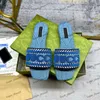 Nya designer tofflor denim sandaler broderade randiga tofflor förolyckande slid sandal tofsar cut-out toffel frayed tyg tofflor designer storlek 35-42