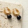 Stud Earrings French Fashion Metal Smooth Ball Dangle For Women Party Wedding With Round Natural Black Agate Crystal