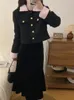 Robes de travail jupes d'hiver d'automne fixées pour les femmes 2 pièces à manches longues à manches courtes en velours noir jupe sirène élégante