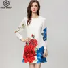 Lässige Kleider Frauen Runway O Hals Langarmes Blumen bedrucktes Perlen Patchwork Mode Kurzweste Vestidos