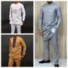 Luxury Mens Suit Shirt and Pants Set of 2 Clothing Crew Neck Solid Color Festive Long Sleeves African Ethnic StyleM4XL 240430