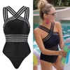 Kvinnors badkläder sexig svart randig en bit bikini bandage push up monokini baddräkt strand triangel baddräkt