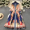 Basic Casual Dresses Holiday Paisley Print Party Dress Dames Lange Mouw Stand Single Breasted Floral Print Belt Linnen Maxi Robe Vestidos 2024