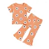 Kledingsets Focusnorm 0-4Y Little Girls Summer Deskleding 2pcs korte mouw bloemenprint geribbelde t shirts wijd uitlopende broek