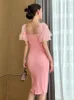 Abiti per feste 2024 Abito midi estivo per donne Elegante manica a bolle rosa blu dolce perline per sfrempo