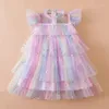 Robes de fille 2024 Robe de filles d'été coréenne Star Sequin Princess Robes Mesh Pompadour Fairy Dressd pour enfants