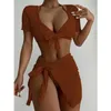 Kvinnors badkläder 2024 Solid Color Swimsuit Women 4-Piece Bikini Sexig strandkjol Baddräkt Kort ärm Hög midja Sommarstrandkläder