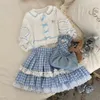 Saias 2024 Blue fofo Harajuku y2k kawaii Mulheres japonesas doces lolita mini polka dot manta de impressão de renda com babados saia de bolo