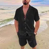 Suelas de canciones para hombres streetwear hawaiian masculina de collar de verano de algodón lino sólido sólido set set de talla grande
