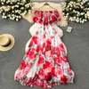 New Summer Casual Dress Summer Off Shoulder Gorgeous Flower Holiday Chiffon Dress Women Slash Neck Floral Print Elastic Waist Long Robes Vestidos 2024