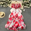 Novo vestido casual de verão de verão fora ombro ombro lindo vestido de chiffon de férias feminino cora pesco