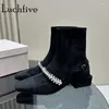 Boots 2024 Autumn Winter Sliver Shiny Med Heels Short Pointed Toe Leather Crystal Brand Female