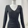 Vestidos casuais diamantes pretos prensados ​​com manga longa Bodycon vestido midi apertado 2024 roupas elegantes para mulheres