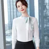 Frauenblusen Naviu Stil Sommer Herbst Mode formelle Damen Shirt Frauen Tops Schlanker eleganter Bürostand Bogen Blau weiße Bluse Arbeit Abnutzung